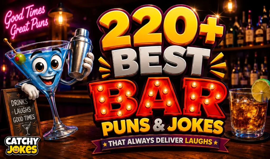 220+ best bar puns and jokes featuring a cheerful cartoon martini in a lively bar