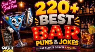 220+ best bar puns and jokes featuring a cheerful cartoon martini in a lively bar