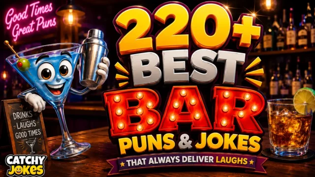 220+ best bar puns and jokes featuring a cheerful cartoon martini in a lively bar