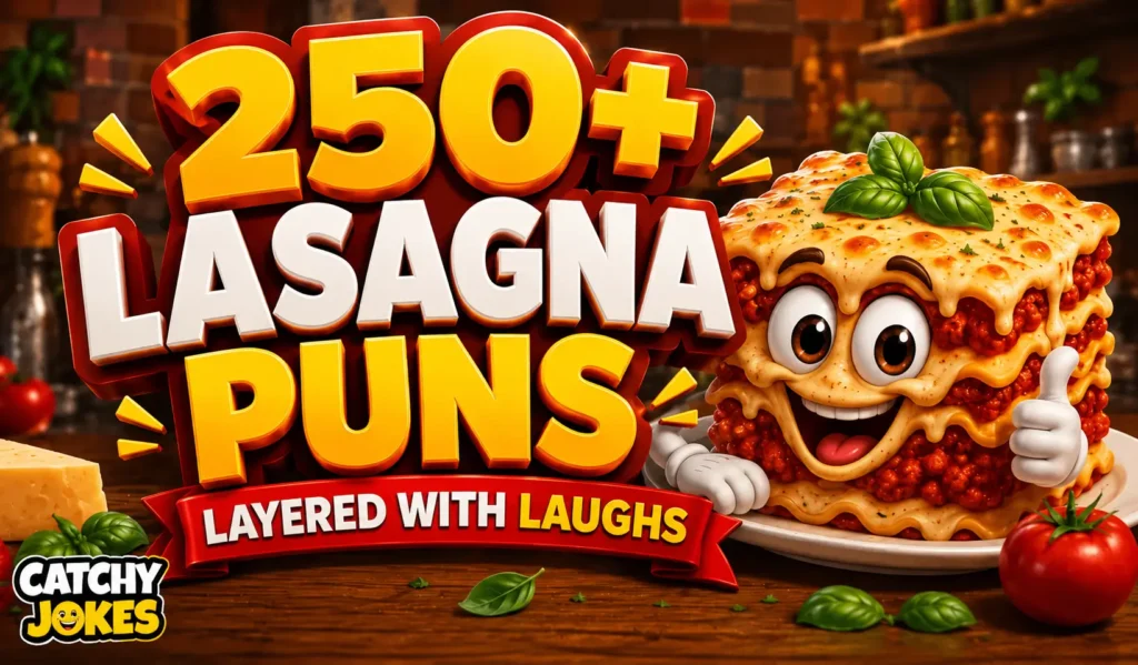 250+ lasagna puns featuring a funny cartoon lasagna giving a thumbs up