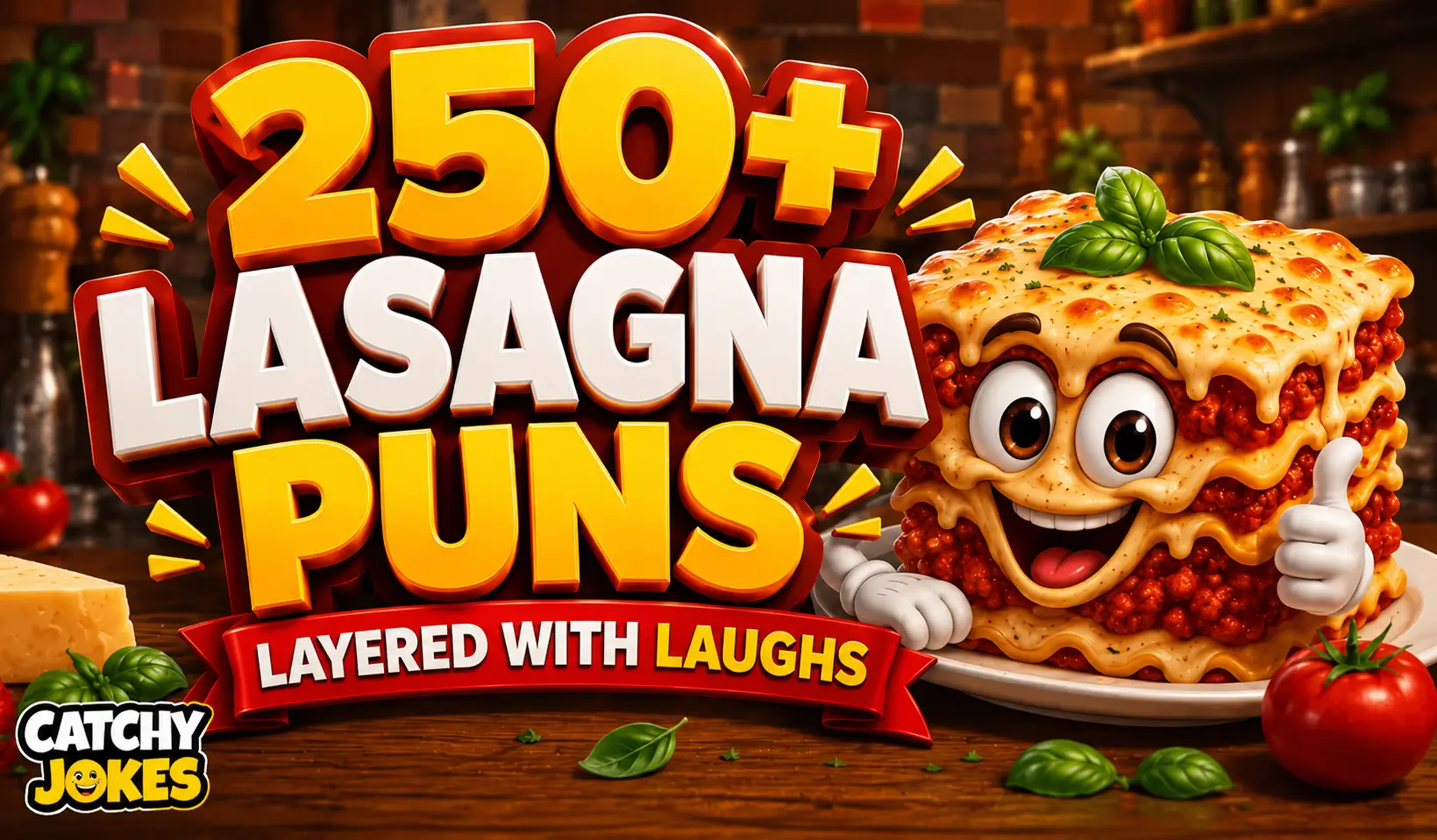 250+ lasagna puns featuring a funny cartoon lasagna giving a thumbs up
