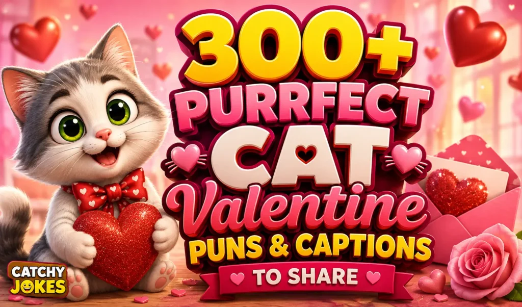 300+ cat Valentine puns and captions featuring a cute cat holding a heart