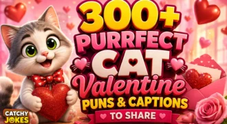 300+ cat Valentine puns and captions featuring a cute cat holding a heart