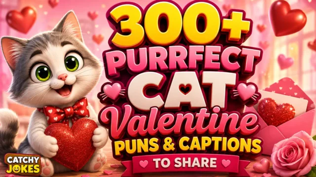 300+ cat Valentine puns and captions featuring a cute cat holding a heart