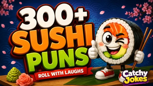300+ sushi puns thumbnail with a cheerful cartoon sushi roll