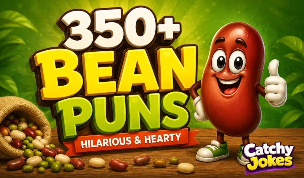 350+ bean puns thumbnail with a funny cartoon bean mascot