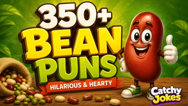 350+ bean puns thumbnail with a funny cartoon bean mascot