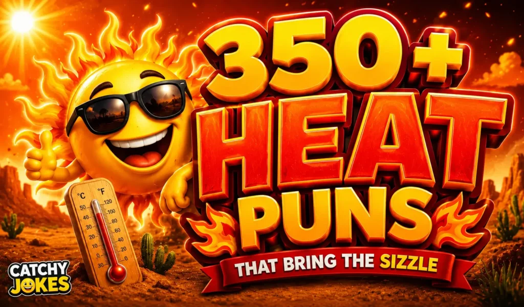 350+ heat puns featuring a smiling sun wearing sunglasses in a blazing desert