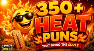 350+ heat puns featuring a smiling sun wearing sunglasses in a blazing desert