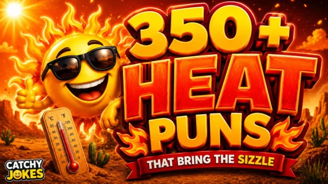 350+ heat puns featuring a smiling sun wearing sunglasses in a blazing desert