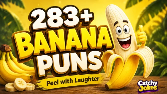 283+ banana puns thumbnail with a cheerful cartoon banana mascot