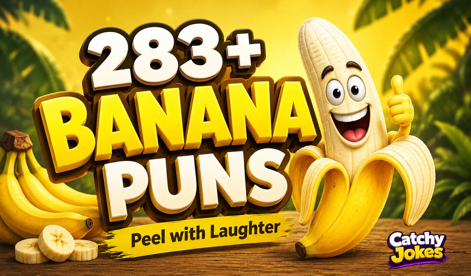 283+ banana puns thumbnail with a cheerful cartoon banana mascot