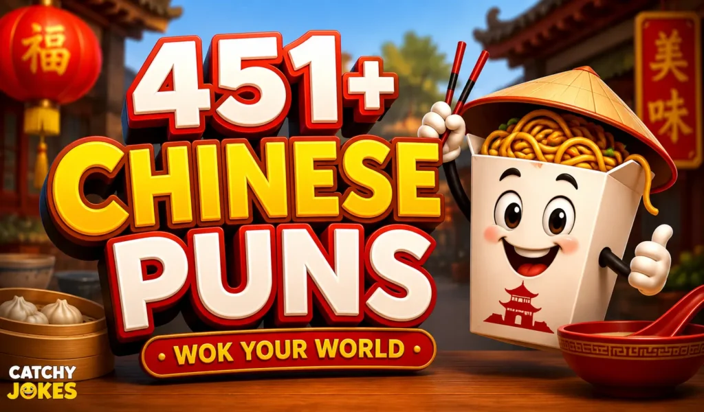451+ Chinese puns thumbnail with noodles, chopsticks, and a Chinese restaurant scene