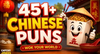 451+ Chinese puns thumbnail with noodles, chopsticks, and a Chinese restaurant scene