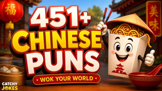 451+ Chinese puns thumbnail with noodles, chopsticks, and a Chinese restaurant scene