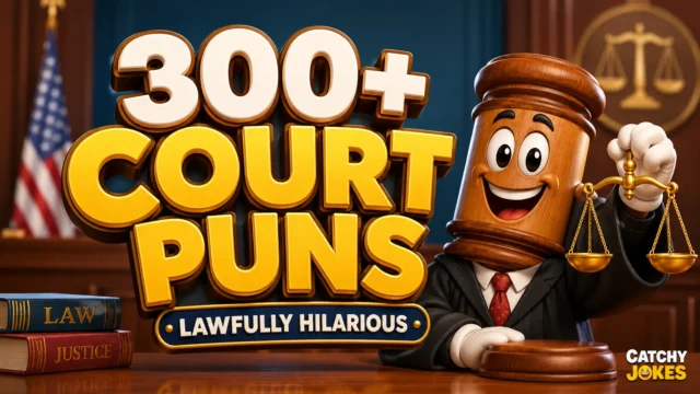 300+ court puns thumbnail with a cartoon gavel, scales of justice, and courtroom background