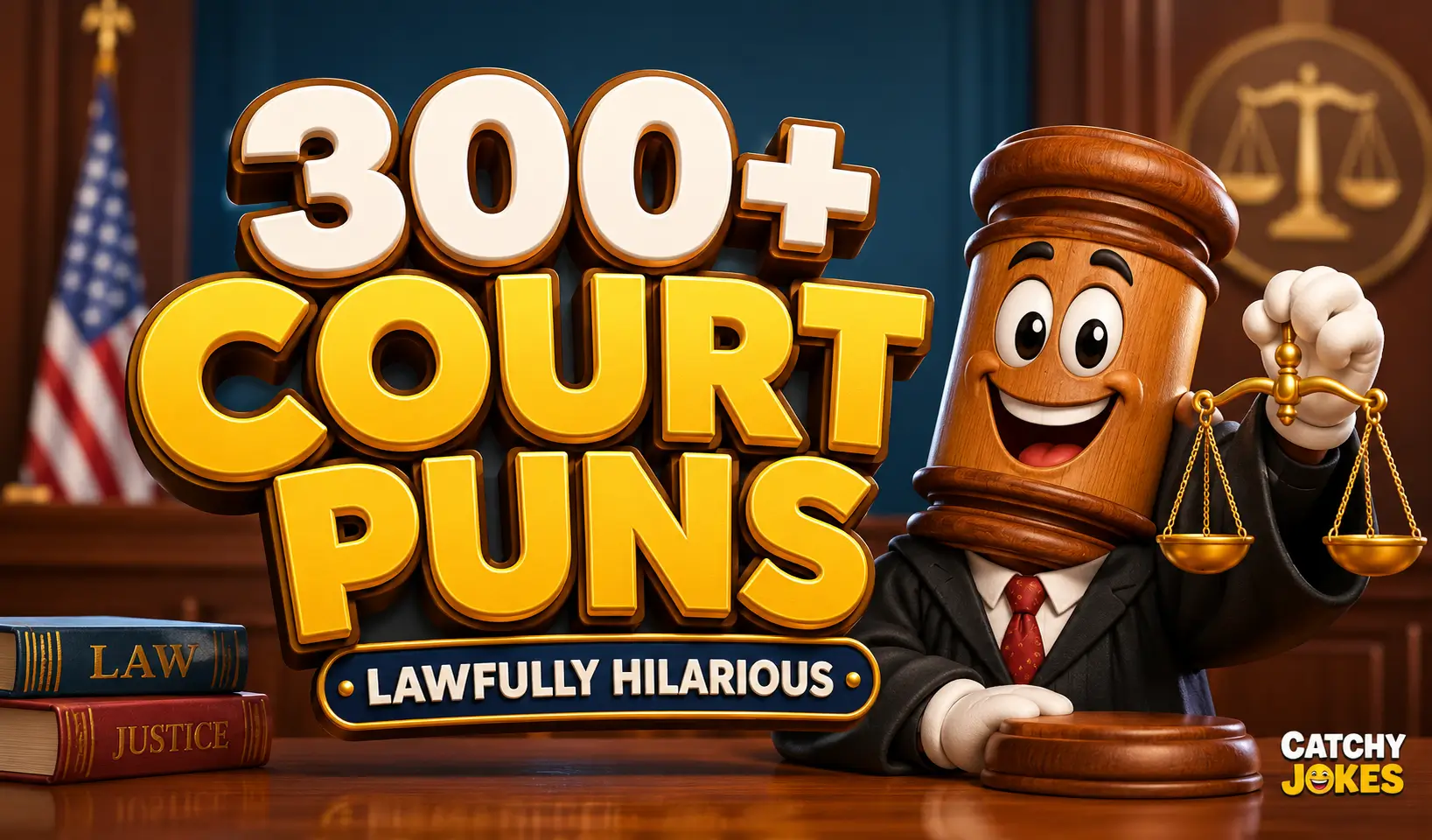 300+ court puns thumbnail with a cartoon gavel, scales of justice, and courtroom background