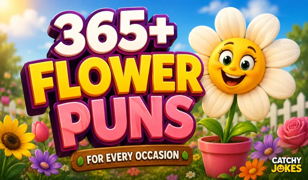 365+ flower puns thumbnail with a smiling daisy and colorful garden background