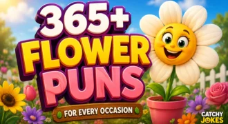 365+ flower puns thumbnail with a smiling daisy and colorful garden background