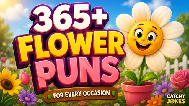 365+ flower puns thumbnail with a smiling daisy and colorful garden background