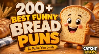 Funny bread puns thumbnail featuring a cheerful cartoon bread slice and bold 3D typography