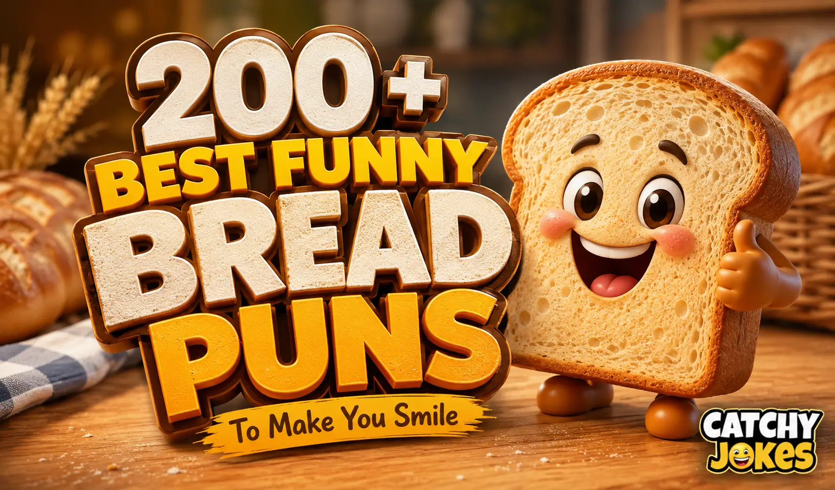 Funny bread puns thumbnail featuring a cheerful cartoon bread slice and bold 3D typography