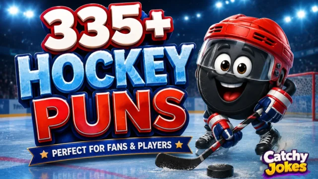 Hockey puns thumbnail with a cartoon hockey puck player on an icy rink