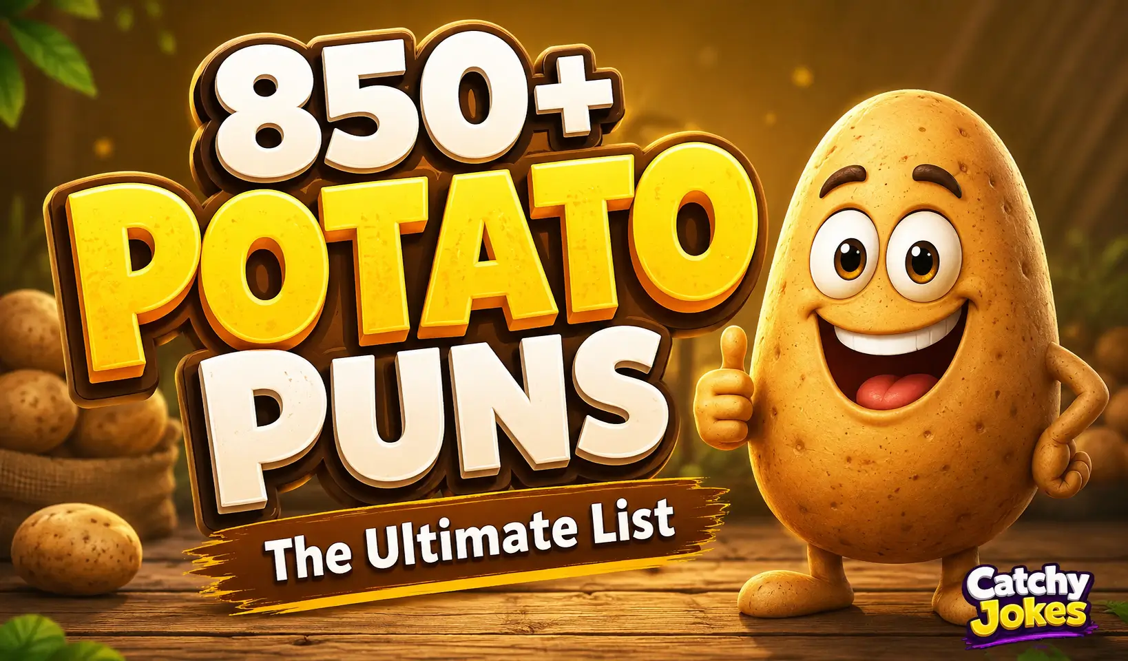 850+ potato puns thumbnail with a fun cartoon potato mascot