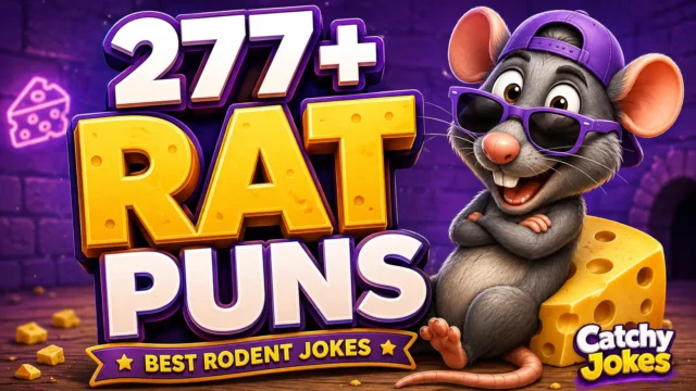 277+ rat puns thumbnail with a funny cartoon rat and cheese