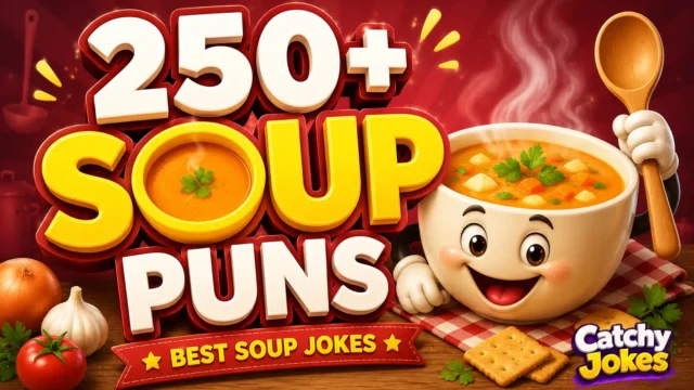 250+ soup puns thumbnail with a cheerful cartoon soup bowl and spoon