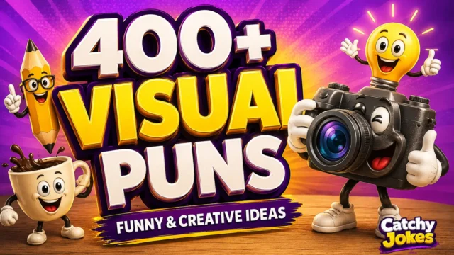 400+ visual puns thumbnail with a cheerful cartoon camera and creative characters