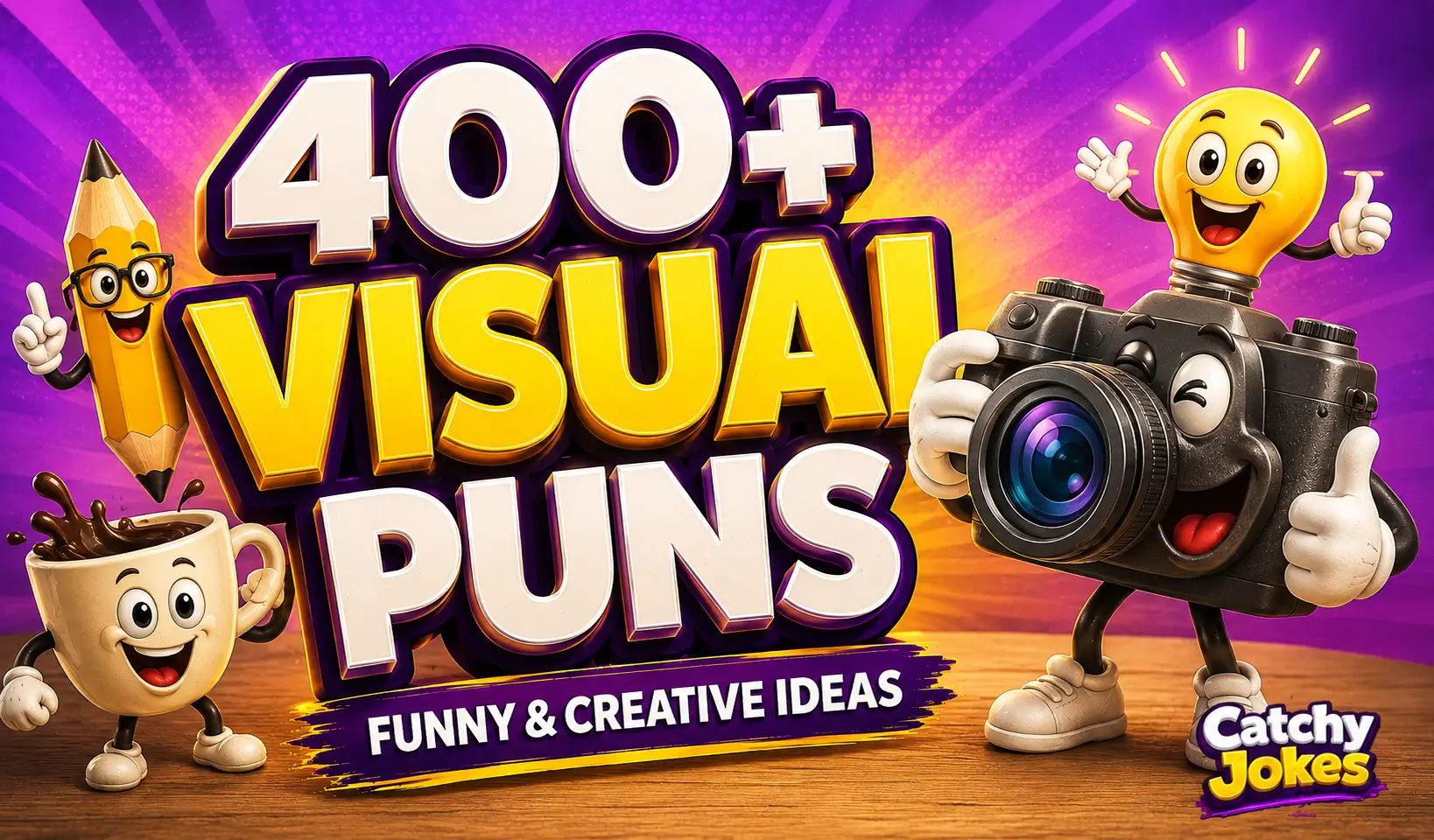 400+ visual puns thumbnail with a cheerful cartoon camera and creative characters