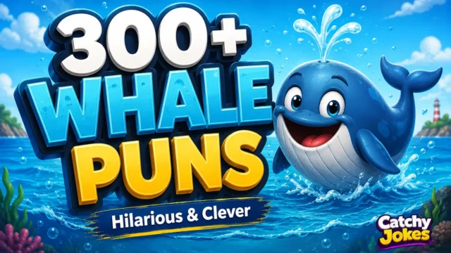 300+ whale puns thumbnail with a cheerful cartoon whale in the ocean