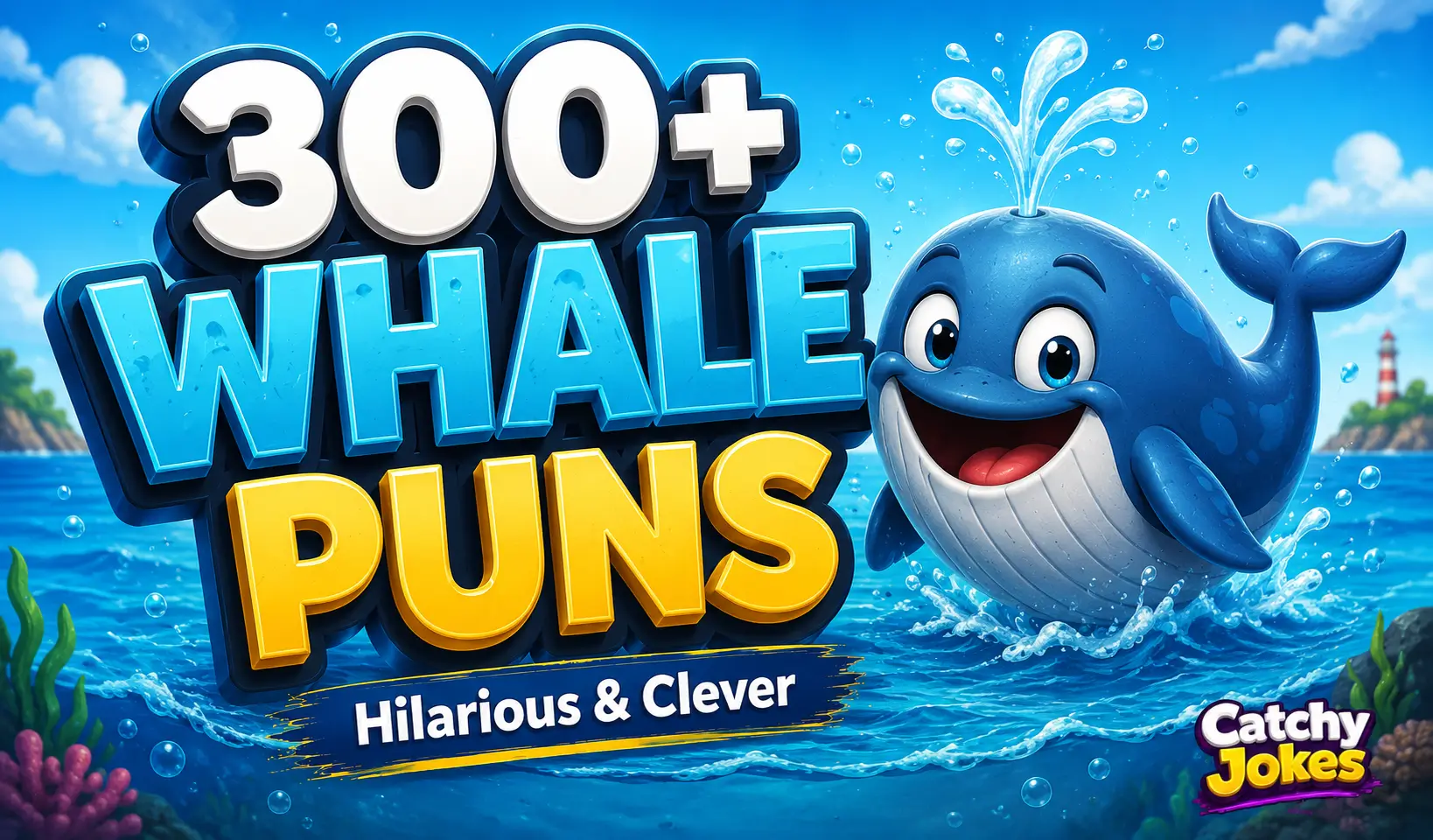 300+ whale puns thumbnail with a cheerful cartoon whale in the ocean