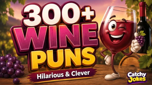 300+ wine puns with a cheerful cartoon wine glass and grapes