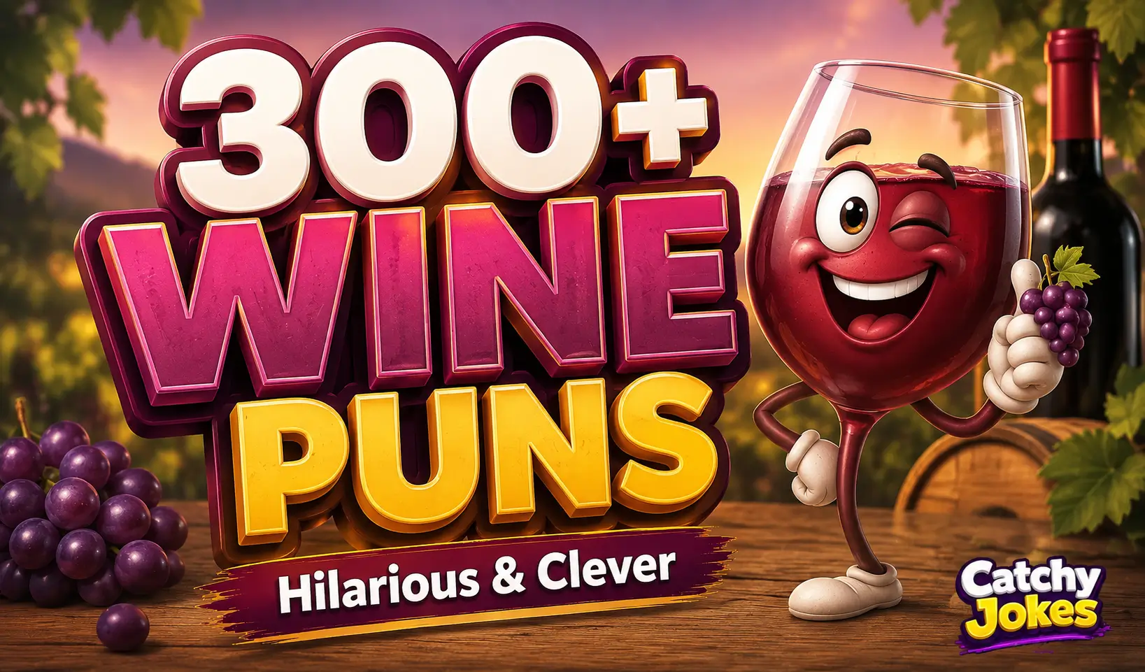 300+ wine puns with a cheerful cartoon wine glass and grapes