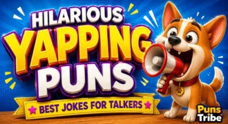 300+ horse puns thumbnail with a smiling cartoon horse and colorful farm background