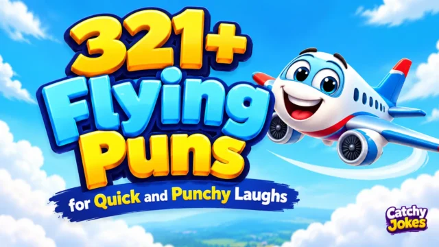 321+ flying puns in colorful 3D text with a cheerful cartoon airplane