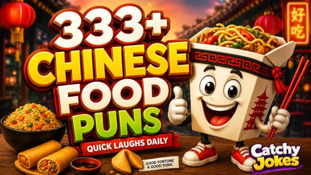 333+ Chinese food puns thumbnail with a cheerful cartoon takeout box