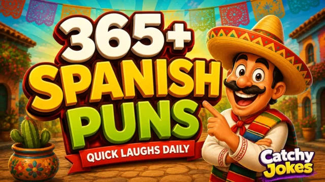 365+ Spanish puns thumbnail with a cheerful cartoon chili mascot TITLE: 365+ Spanish Puns Thumbnail