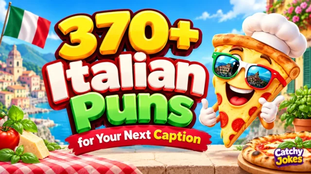 370+ Italian puns in bold 3D text with a cheerful pizza mascot and Italian seaside background
