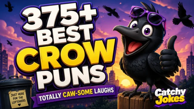 375+ crow puns thumbnail with a cheerful cartoon crow wearing sunglasses