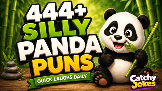 444+ panda puns thumbnail with a cheerful cartoon panda in a bamboo forest