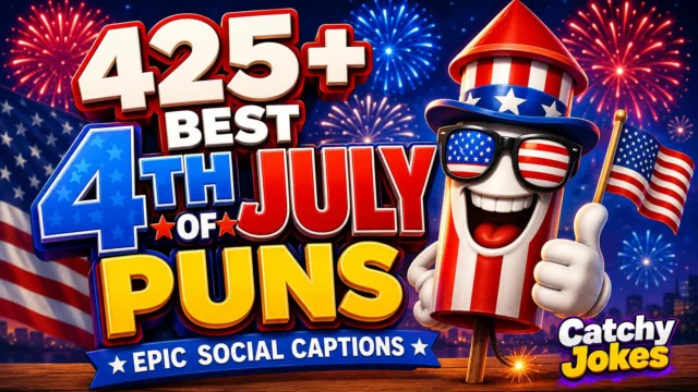 4th of July puns thumbnail with fireworks, American flags, and a festive cartoon character