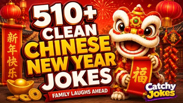 510+ clean Chinese New Year jokes thumbnail with a cheerful lion dance character