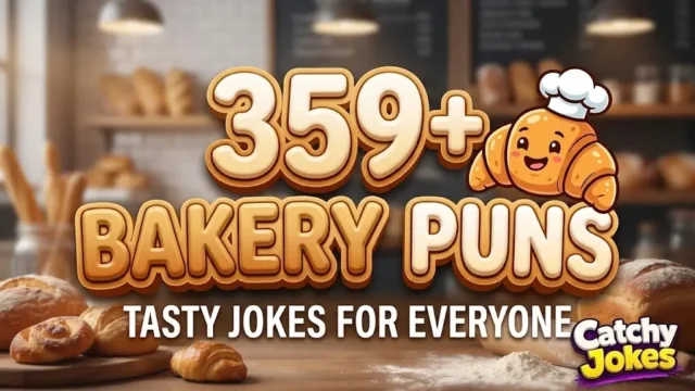 Large 3D text reading '359+ Bakery Puns' next to a smiling cartoon croissant character in a blurred bakery.