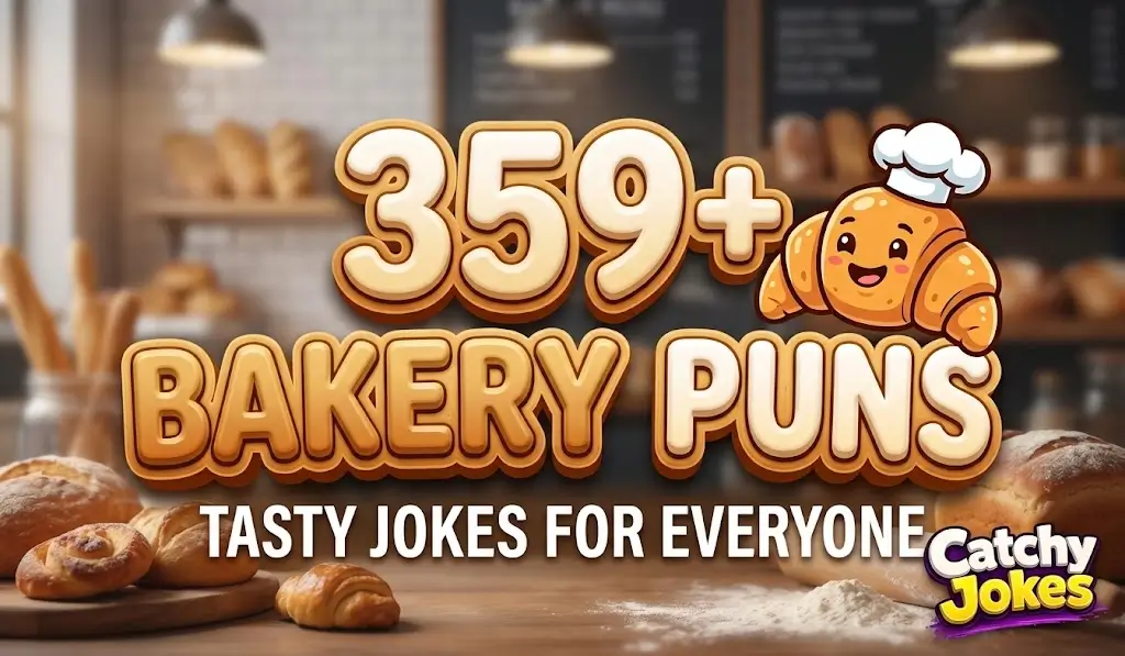 Large 3D text reading '359+ Bakery Puns' next to a smiling cartoon croissant character in a blurred bakery.