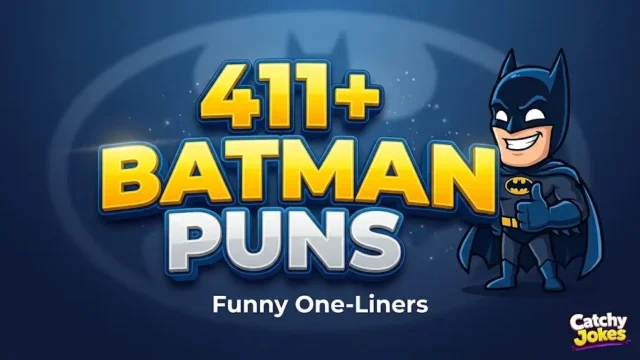 A cute 3D cartoon Batman mascot standing beside bold 3D text reading 411+ Batman Puns.