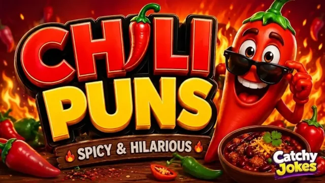 Chili puns thumbnail featuring a cartoon chili pepper character with sunglasses, a bowl of hot chili, and a Catchy Jokes watermark.