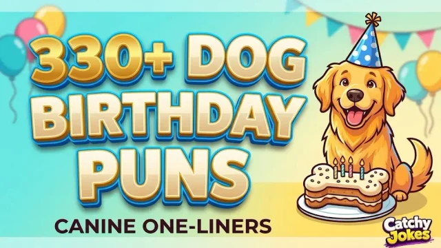 3D text "330+ Dog Birthday Puns" next to a cartoon dog wearing a party hat with a bone cake.